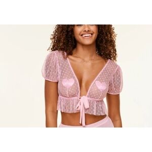 Adore Me Lindy Sheer Pink Mesh Polka Dot Crop Top Babydoll Tie Front Size M NWT